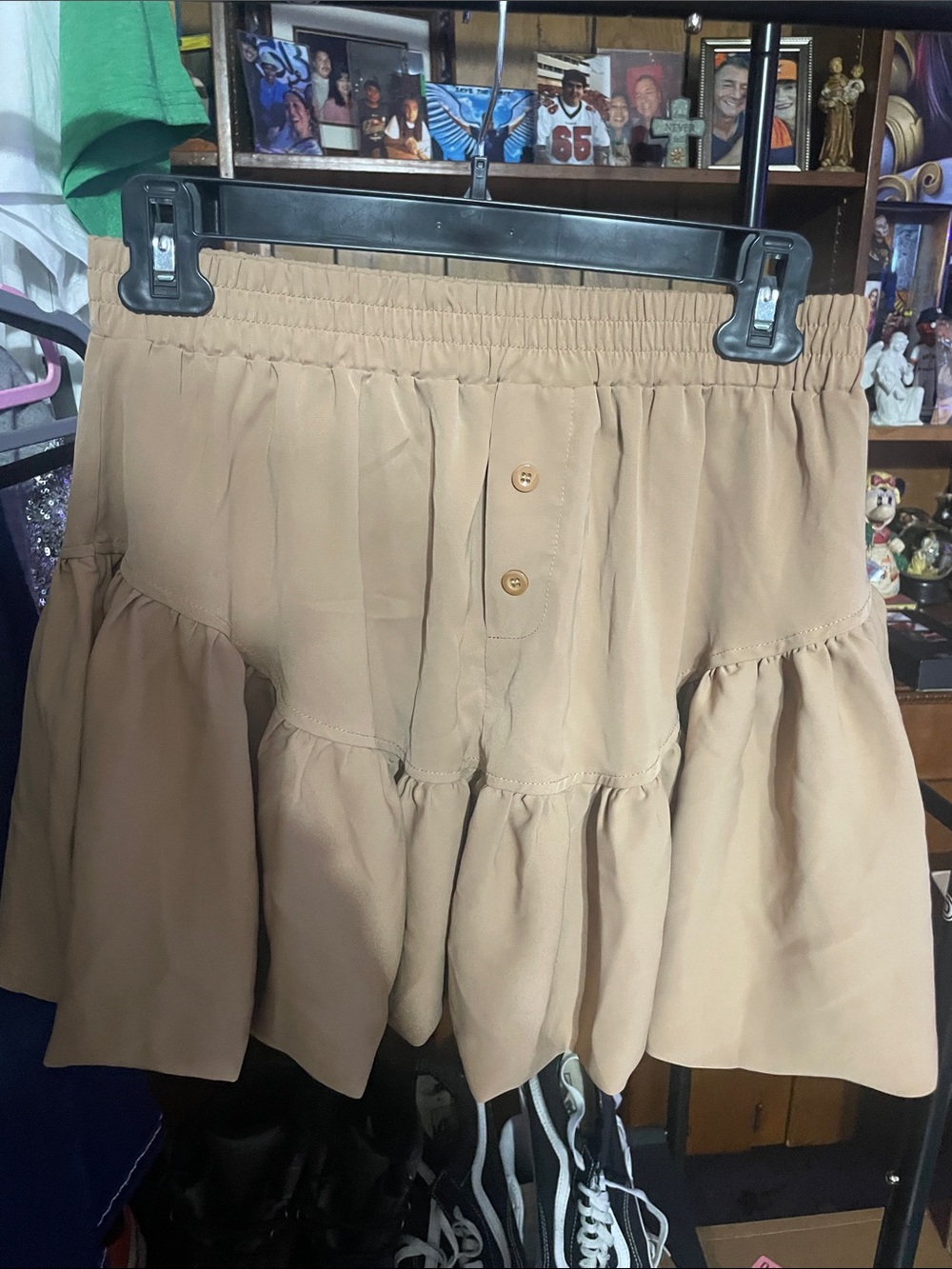 Beige Tiered Mini Skirt with Button Accent